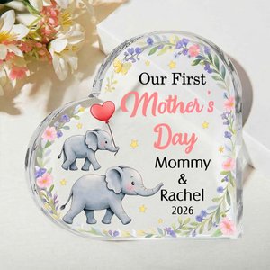 Personalised Cute Mom Baby Elephant Floral Acrylic Heart-Shaped Plaque with Name Home Decor First Mother's Day Gift for Mom Kid