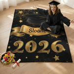 Personalized Black Gold Glitter Cap Star Soft Throw Blanket with Name and Year Graduation Birthday Gift for Graduates