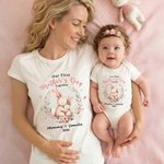 Personalised Cute Animal Mom Baby Floral Heart 100% Cotton T-shirt Baby Bodysuit with Name First Mother's Day Gift for Baby Mom