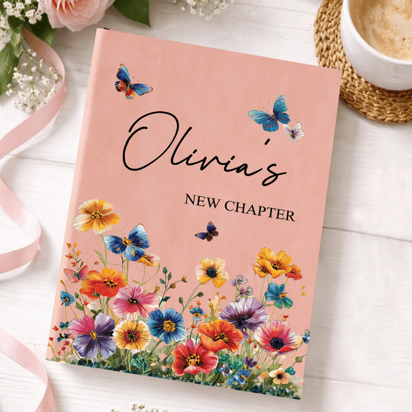 Personalised New Chapter Watercolour Flower A5 PU Leather Notebook with Name Office Supplies Retirement Gift for Retirees Friends