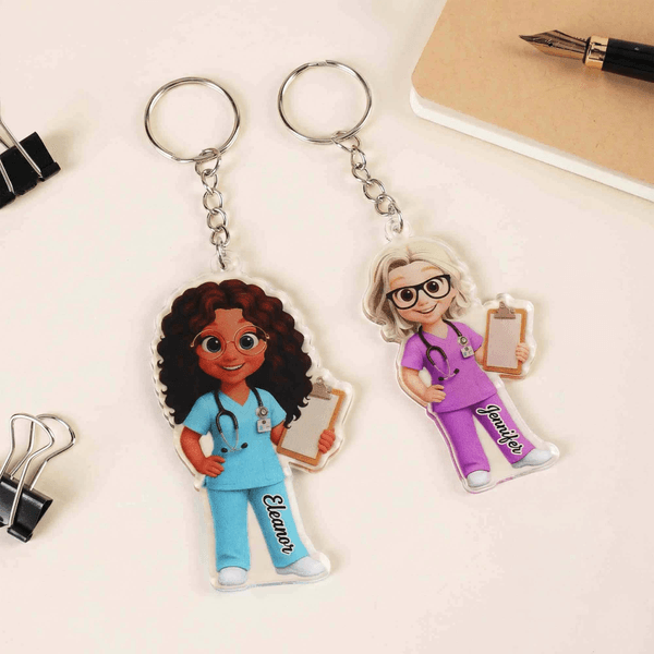 Personalisierte Cartoon Krankenschwester Charakter Acryl Schlüsselanhänger mit Namen täglichen Gebrauch Krankenschwester Woche Anerkennung Geschenk für medizinisches Personal