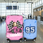 Personalised Cartoon Racing Character Luggage Cover Fits 18-32 Inches Suitcase with Name and Number Travel Use Birthday Gift for Racing Enthusiasts