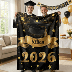 Personalized Black Gold Glitter Cap Star Soft Throw Blanket with Name and Year Graduation Birthday Gift for Graduates