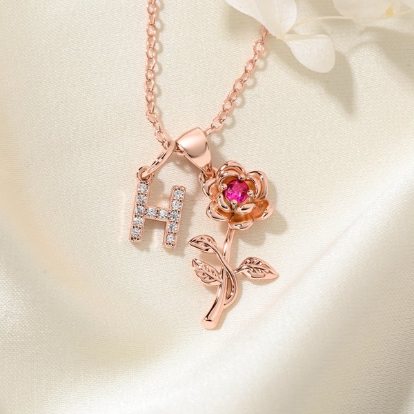 Personalized Exquisite Birthstone Rose Necklace with Initial Dainty Jewelry Birthday Anniversary Gift for Women