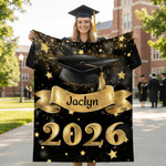 Personalized Black Gold Glitter Cap Star Soft Throw Blanket with Name and Year Graduation Birthday Gift for Graduates