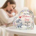 Personalisierte niedliche Mama Baby Elefant floralen Acryl herzförmige Plakette mit Namen Home Decor ersten Muttertag Geschenk für Mama Kind