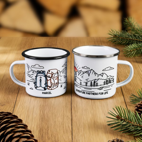 Personalised Hiking Camping Theme Line Drawing Enamel Stainless Steel Mug with Text Daily Use Birthday Gift for Hikers Campers Backpackers