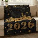 Personalized Black Gold Glitter Cap Star Soft Throw Blanket with Name and Year Graduation Birthday Gift for Graduates