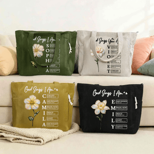 Henkilökohtainen Mother of Pearl Effect Birth Flower Corduroy suuri kapasiteetti Kangaskassi nimi päivittäinen käyttö Äitienpäivä lahja naiselle