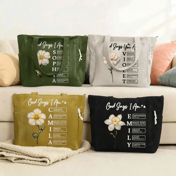 Personalized Mother of Pearl Effect Birth Flower Corduroy Large Capacity Tote Bag with Name Daily Use  Mother's Day Gift for Woman