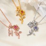 Personalised Exquisite Birthstone Rose Necklace with Initial Dainty Jewellery Birthday Anniversary Gift for Women