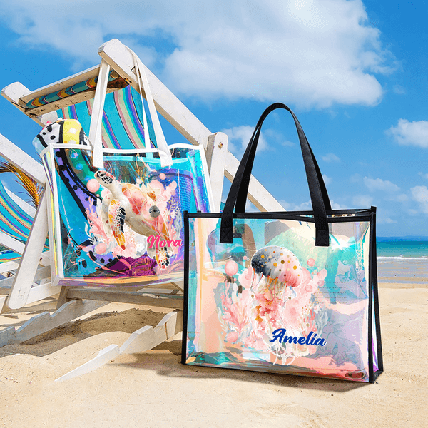 Gepersonaliseerde Ocean Creature Holografische Transparante Draagtas met Naam Zomer Vakantie Dagelijks Gebruik Verjaardagscadeau voor Vrienden Meisjes