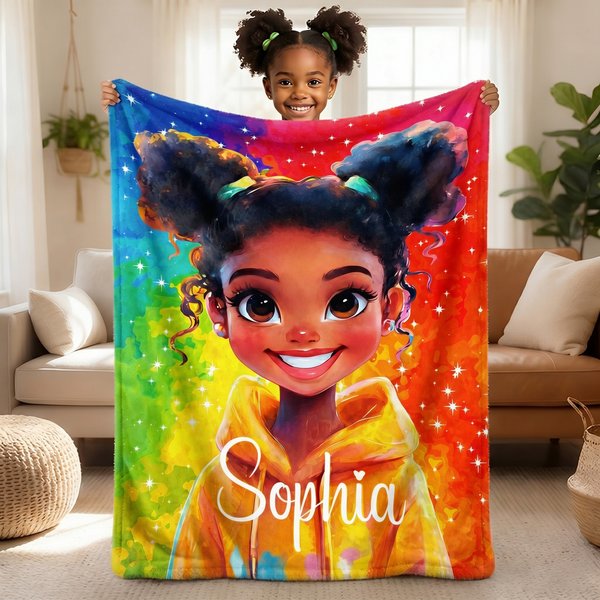 Personalized Dazzling Black Little Girl Soft Throw Blanket with Name Home Decor Birthday Gift for Black Girls