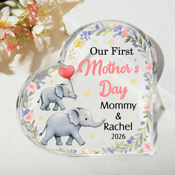 Personalisierte niedliche Mama Baby Elefant floralen Acryl herzförmige Plakette mit Namen Home Decor ersten Muttertag Geschenk für Mama Kind