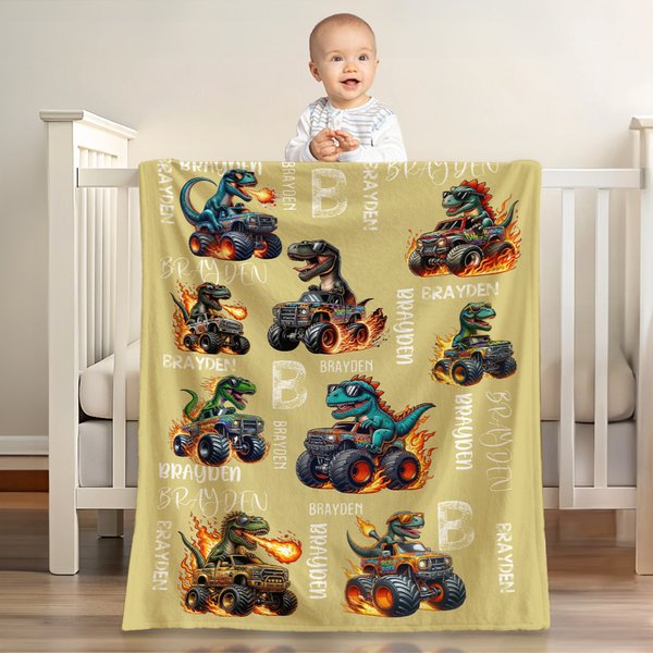 Personalised Multicolor Lorry Dinosaur Soft Throw Blanket with Name and Initial Home Decor Birthday Gift for Kids Dinosaur Lovers