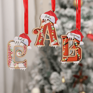 Personalized Santa Hat Sports Ball Initial 3D Layered Wooden Ornament with Name Home Tree Decor Christmas Athlete Gift for Ball Sports Lovers