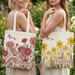 Personlig tygväska med månadsblomma och namn unik blommig tygpåse perfekt för vårens utflykter och picknick som mors dag present