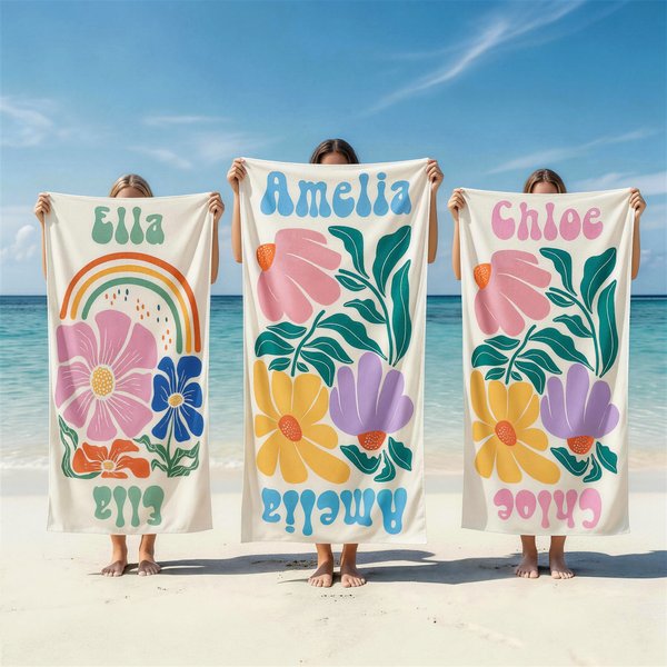 Personlig strandhandduk mångfärgad blommig snabbtorkande överdimensionerad med namn födelsedag sommar och semesterfestgåva för kvinnor