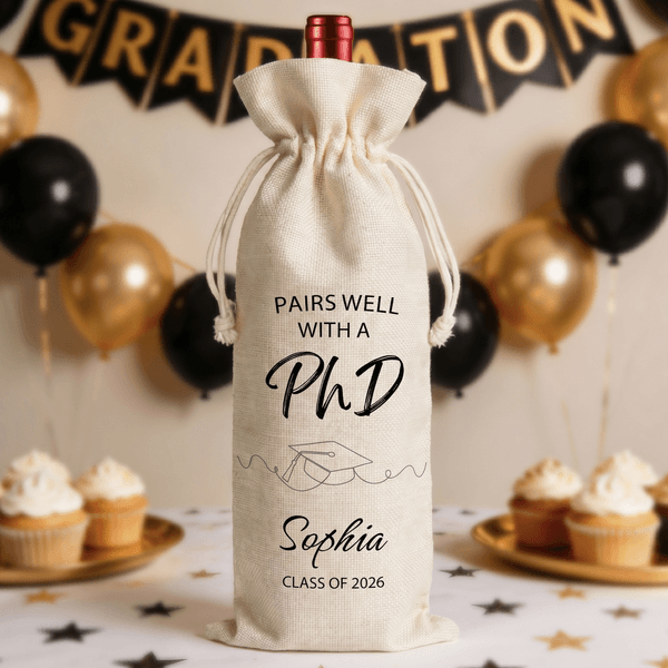 Personalizada Línea Simple Gorra de Graduación Bolsa de Vino con Nombre de Texto Año Fiesta de Graduación Regalo para Master PhD Graduados