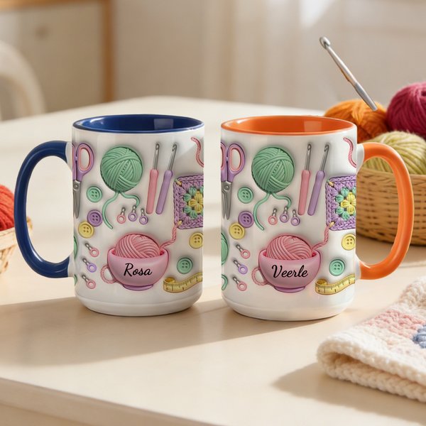 Gepersonaliseerde Keramische Mok met Naam en Garen- en Haaknaaldmotief Verjaardag- of Moederdagcadeau voor Mama Oma of Breiliefhebbers