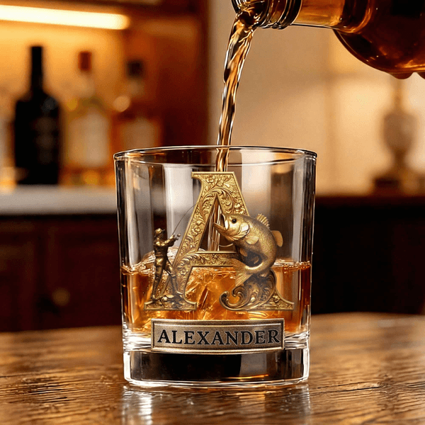 Personalized Gold Cool Fishing Initial 10 oz Rock Whiskey Glass with Name Father's Day Birthday Gift for Man Whiskey Lover Fishing Enthusiast