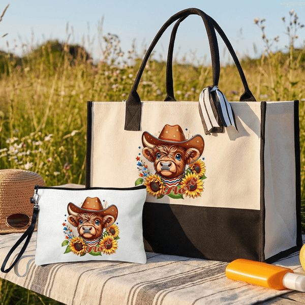 Personalized American Highland Cow Sunflower Large Capacity Tote Bag Portable Makeup Bag with Name American Independence Day Gift for Her