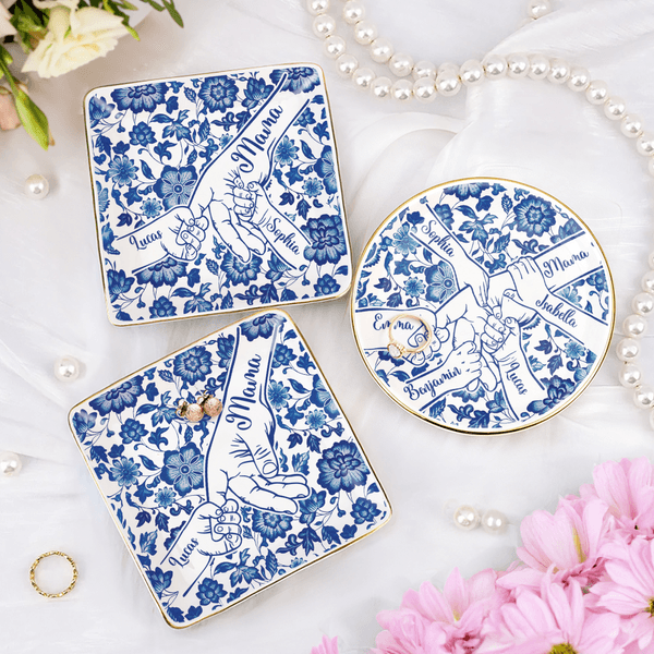 Personalized Chinoiserie Flower Hands in Hands Ceramic Trinket Jewelry Dish with 1-10 Names Mother's Day Birthday Gift for Mom Grandma