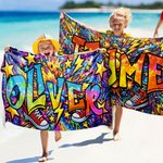 Toalla de playa personalizada de secado rápido con graffiti de estrella de deporte y nombre regalo de fiesta y cumpleaños para niños y familia