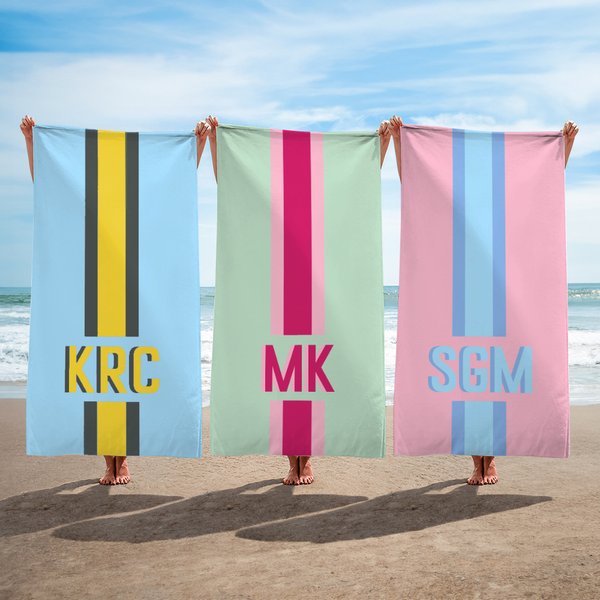 Personalized Quick Dry Sand Free Shadow Monogram Stripe Beach Towel and Bag Summer Vacation Travel Essentials Birthday Gift for Her