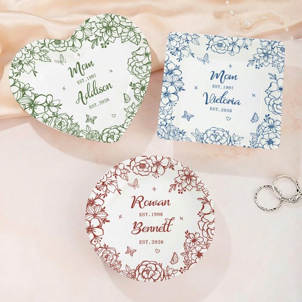Personalised Round Square Heart Shape Wreath Ceramic Jewellery Dish with Name and Date Room Decor Mother's Day Gift for Mom Grandma