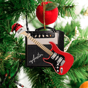 Personalized 3D Effect Retro Guitar Amp Santa Hat Ornament with Name and Year Holiday Decor Christmas Gift for Guitar Lovers Guitarists