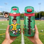 Botella de agua personalizada con personaje animado de fútbol foto de cara y nombre de 475 ml regalo de cumpleaños y vuelta al cole para niños y niñas