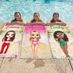 Personalized Beach Scenery Cartoon Woman Character Soft Quick Dry Beach Towel with Name Vacation Beach Party Gift for Women
