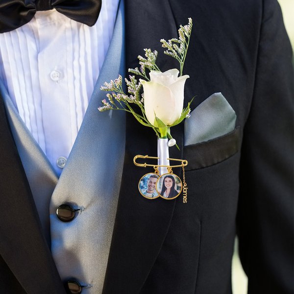 Personalised 1-5 Photos Lapel Brooch Pin with Name Pendant Engagement Wedding Gift for Bride Groom Father