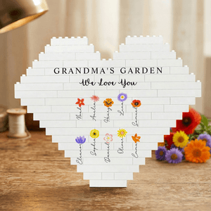 Personalized Grandma's Garden Birth Flower Heart Building Brick Puzzles with Names Text and Title Mother's Day Gift for Mom Grandma
