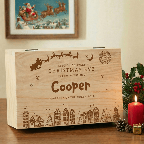 Personalized Christmas Pattern Wooden Memory Storage Box with Name Anniversary Christmas Eve Gift for Family Friends Kids