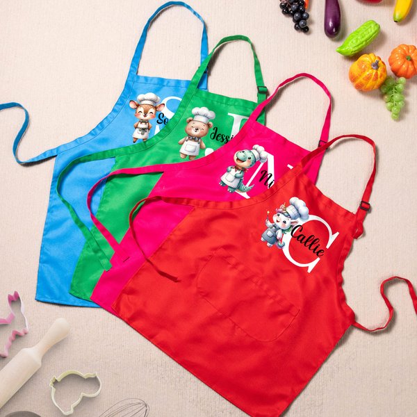 Grembiule e cappello da chef personalizzati con nome e 36 animali carini, taglia regolabile - Regalo di compleanno per bambini