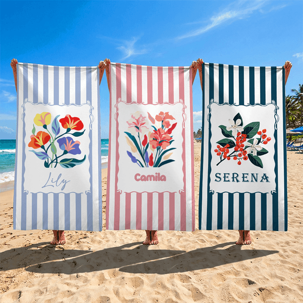 Personalized Birth Flower Striped Oversized Quick-Dry Beach Towel with Name and Drawstring Bag Beach Party Birthday Gift for Mom Girlfriend