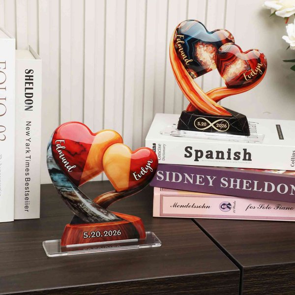 Personalisierte verflochtene Herz Baum Acryl Ornament mit Namen und Datum Desk Decor Jahrestag Geburtstag Geschenk für Paar