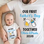 Set papà e bambino personalizzato in 100% cotone con nome e anno, con disegno di biberon e birra che brindano - Regalo per festa del papà e compleanno