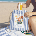 Personalized Birth Flower Striped Oversized Quick-Dry Beach Towel with Name and Drawstring Bag Beach Party Birthday Gift for Mom Girlfriend