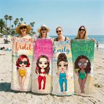 Personalized Beach Scenery Cartoon Woman Character Soft Quick Dry Beach Towel with Name Vacation Beach Party Gift for Women