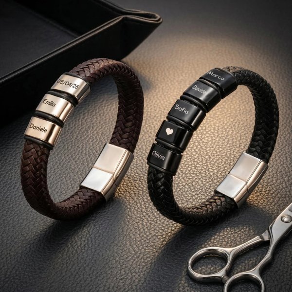 Bracciale personalizzato in pelle intrecciata con 1-8 anelli incisi con nomi di famiglia - Regalo per festa del papà per uomini