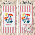 Personalized Birth Flower Striped Oversized Quick-Dry Beach Towel with Name and Drawstring Bag Beach Party Birthday Gift for Mom Girlfriend