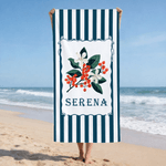 Personalized Birth Flower Striped Oversized Quick-Dry Beach Towel with Name and Drawstring Bag Beach Party Birthday Gift for Mom Girlfriend