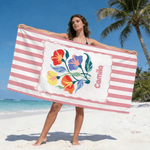 Personalized Birth Flower Striped Oversized Quick-Dry Beach Towel with Name and Drawstring Bag Beach Party Birthday Gift for Mom Girlfriend