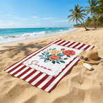 Personalized Birth Flower Striped Oversized Quick-Dry Beach Towel with Name and Drawstring Bag Beach Party Birthday Gift for Mom Girlfriend