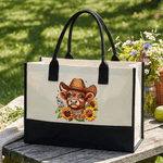 Personalised American Highland Cow Sunflower Large Capacity Tote Bag Portable Makeup Bag with Name American Independence Day Gift for Her