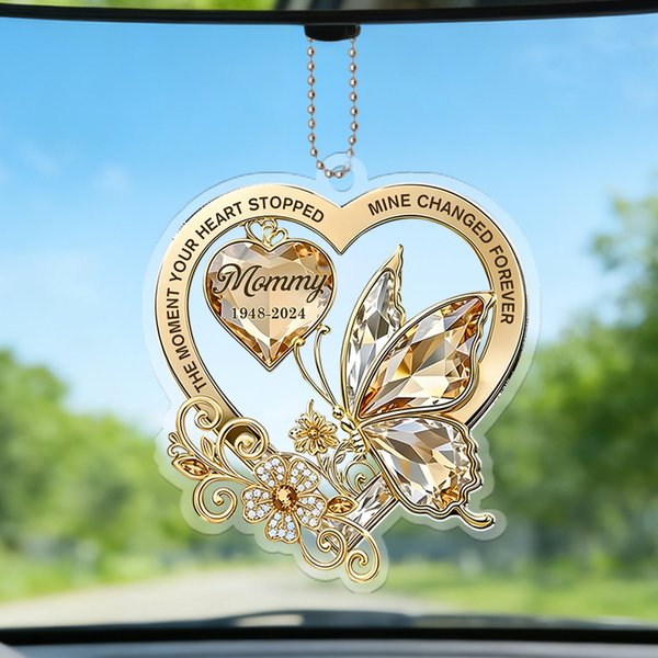 Personalisierte Floral Schmetterling Herzform Acryl Ornament mit Titel und Text Auto Dekor Gedenkgeschenk für Familie