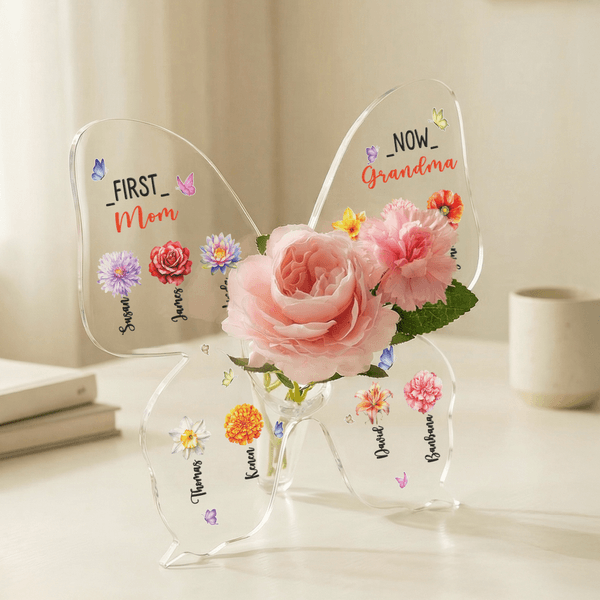 Personalized Birth Flower Butterfly Acrylic Vase with 1-10 Kid Names and 1-15 Grandkid Names Mother's Day Birthday Gift for Mom Grandma